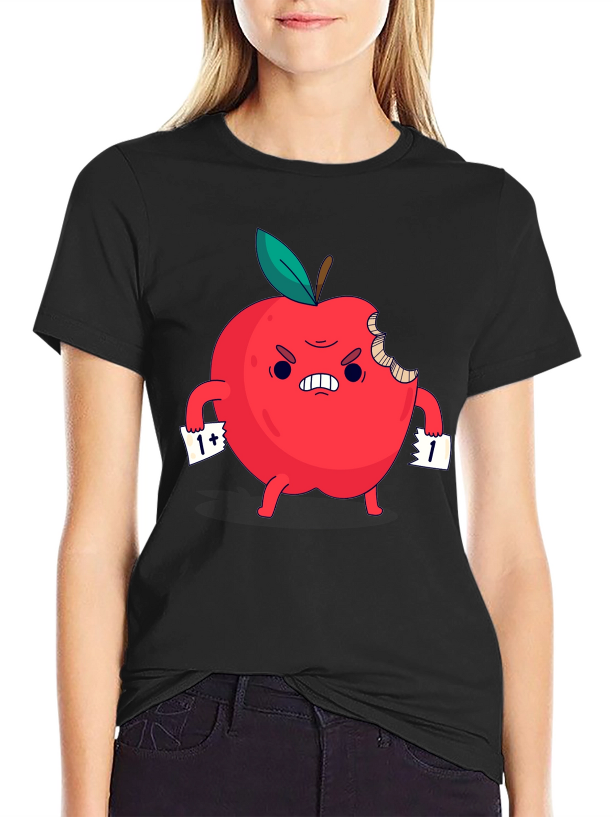 Angry Bitten Apple Cartoon Graphic T-Shirt