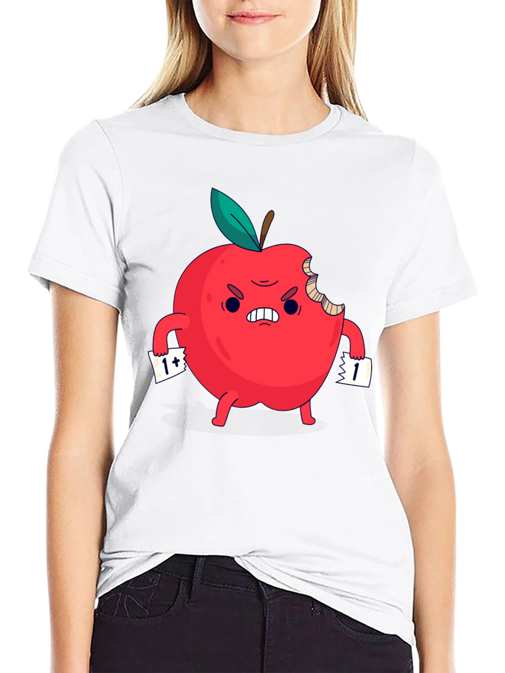 Angry Bitten Apple Cartoon Graphic T-Shirt