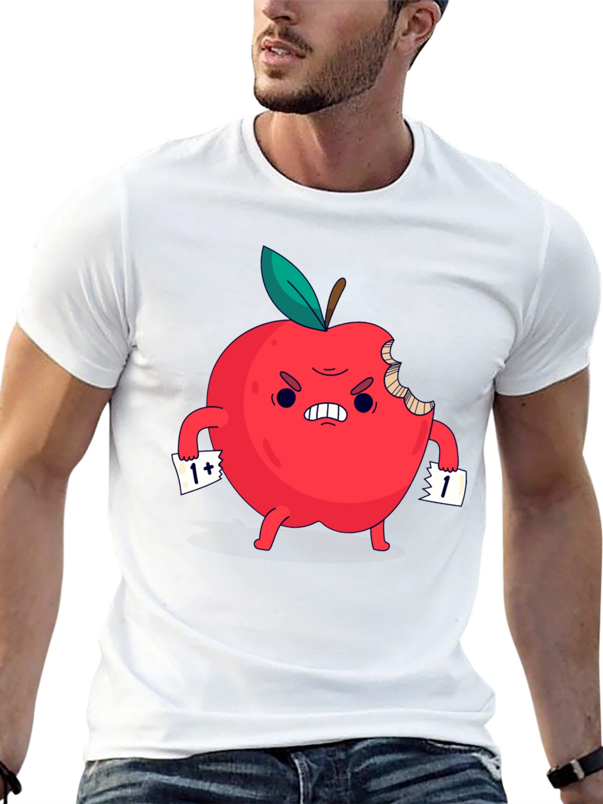 Angry Bitten Apple Cartoon Graphic T-Shirt