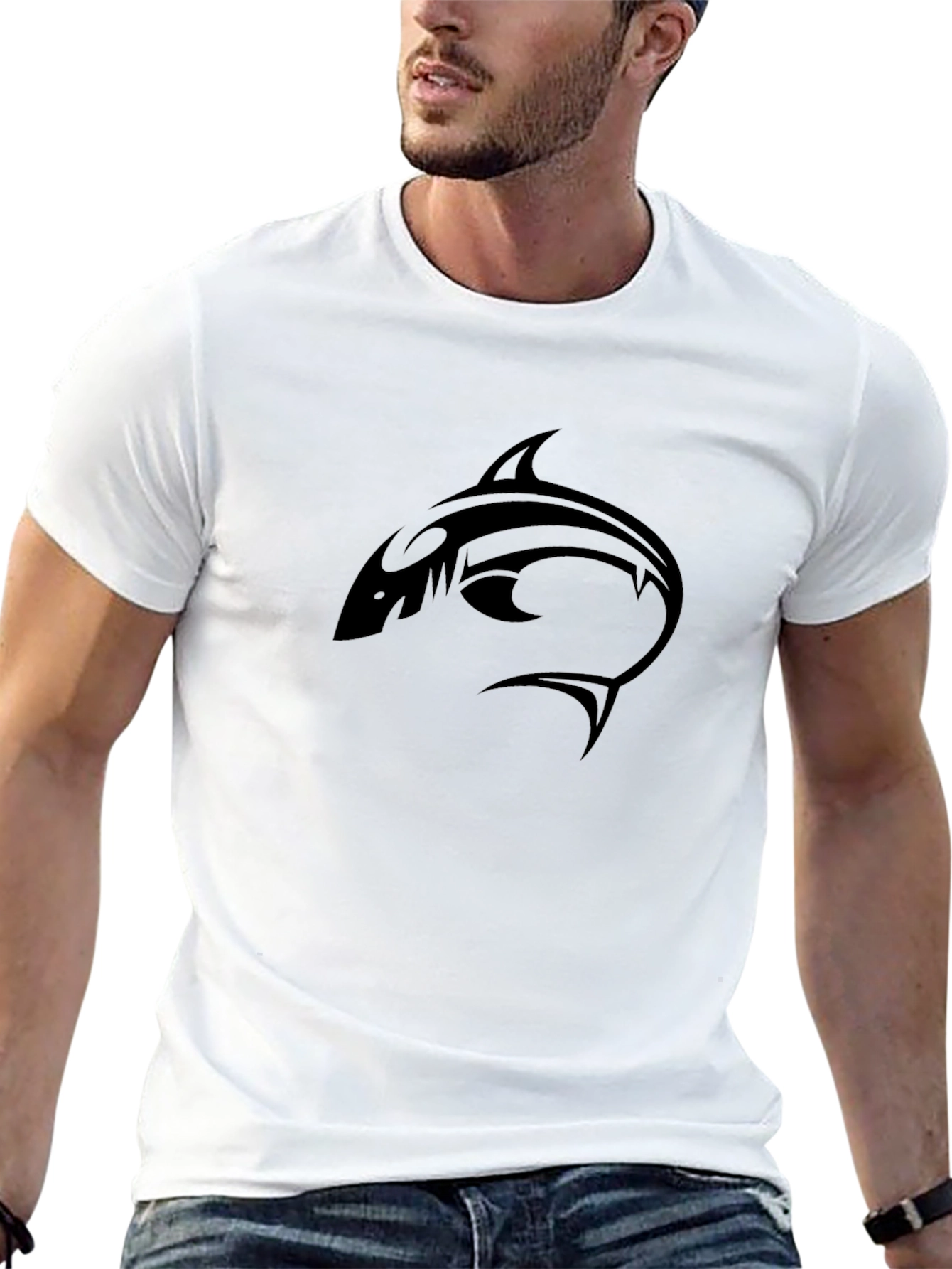 Tribal Shark Graphic Tee - Stylish Black T-Shirt