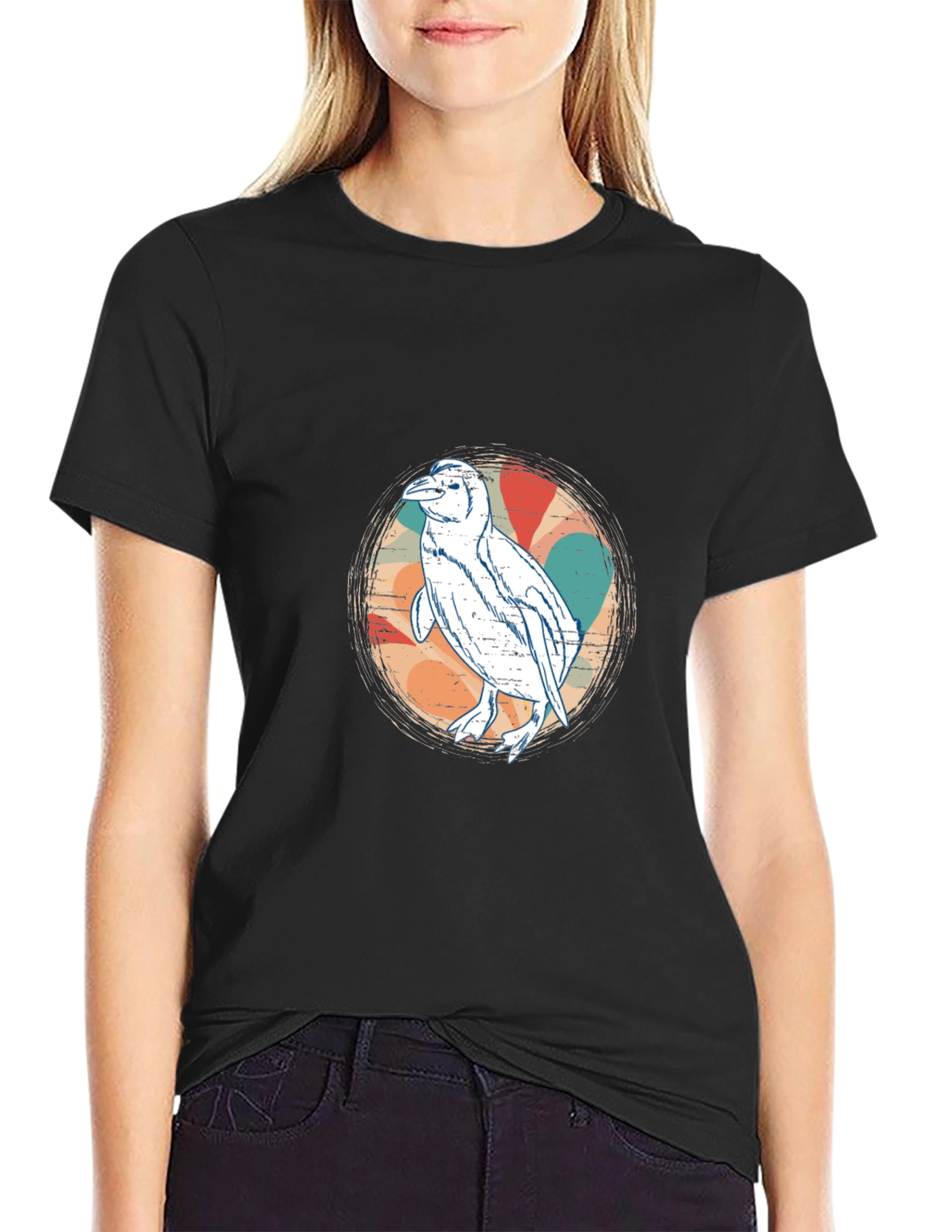 Retro Penguin Graphic Tee - Black