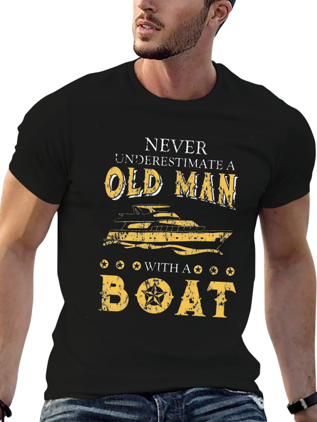 Old Man Boat Graphic T-Shirt - Black