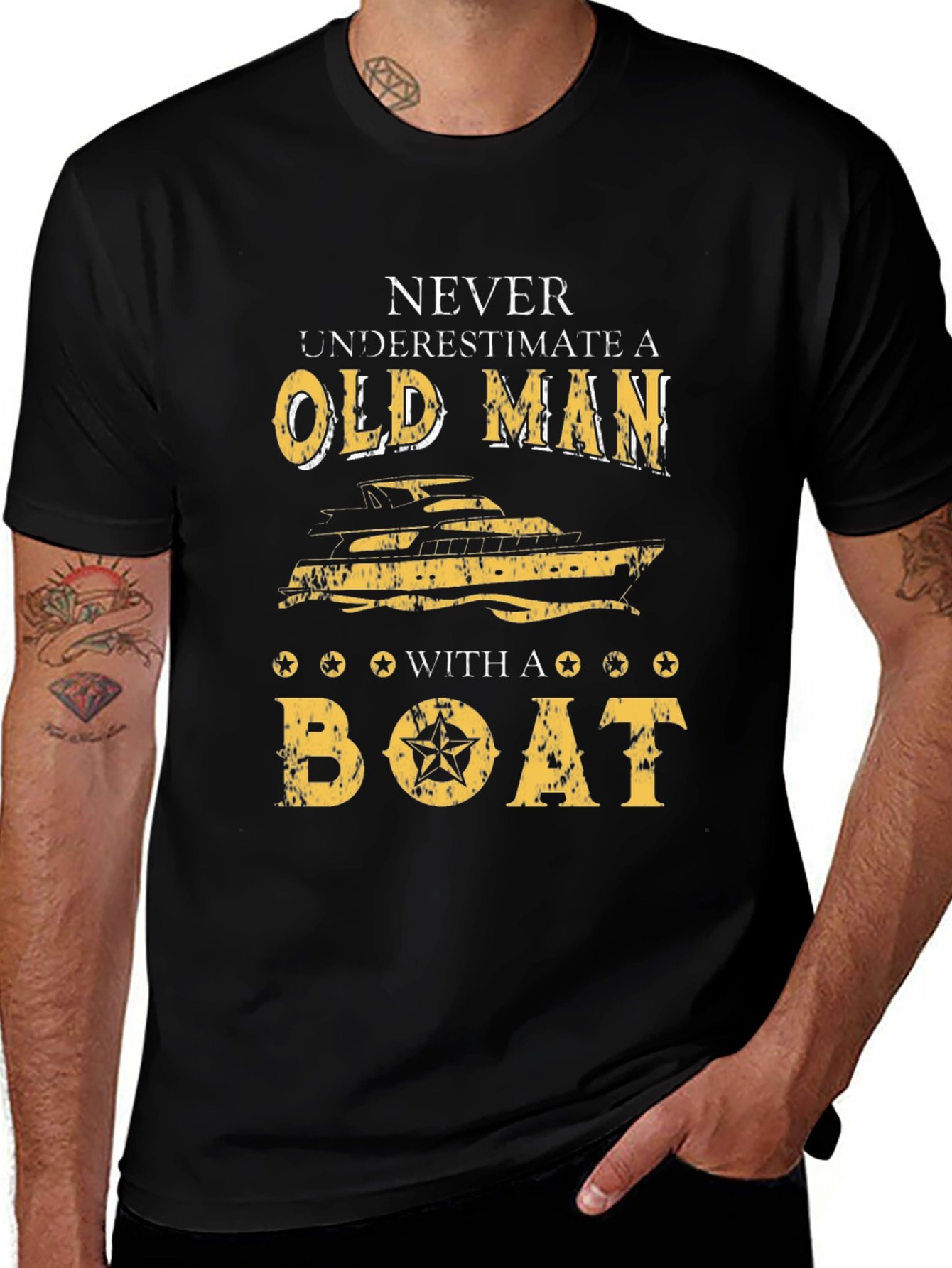Old Man Boat Graphic T-Shirt - Black