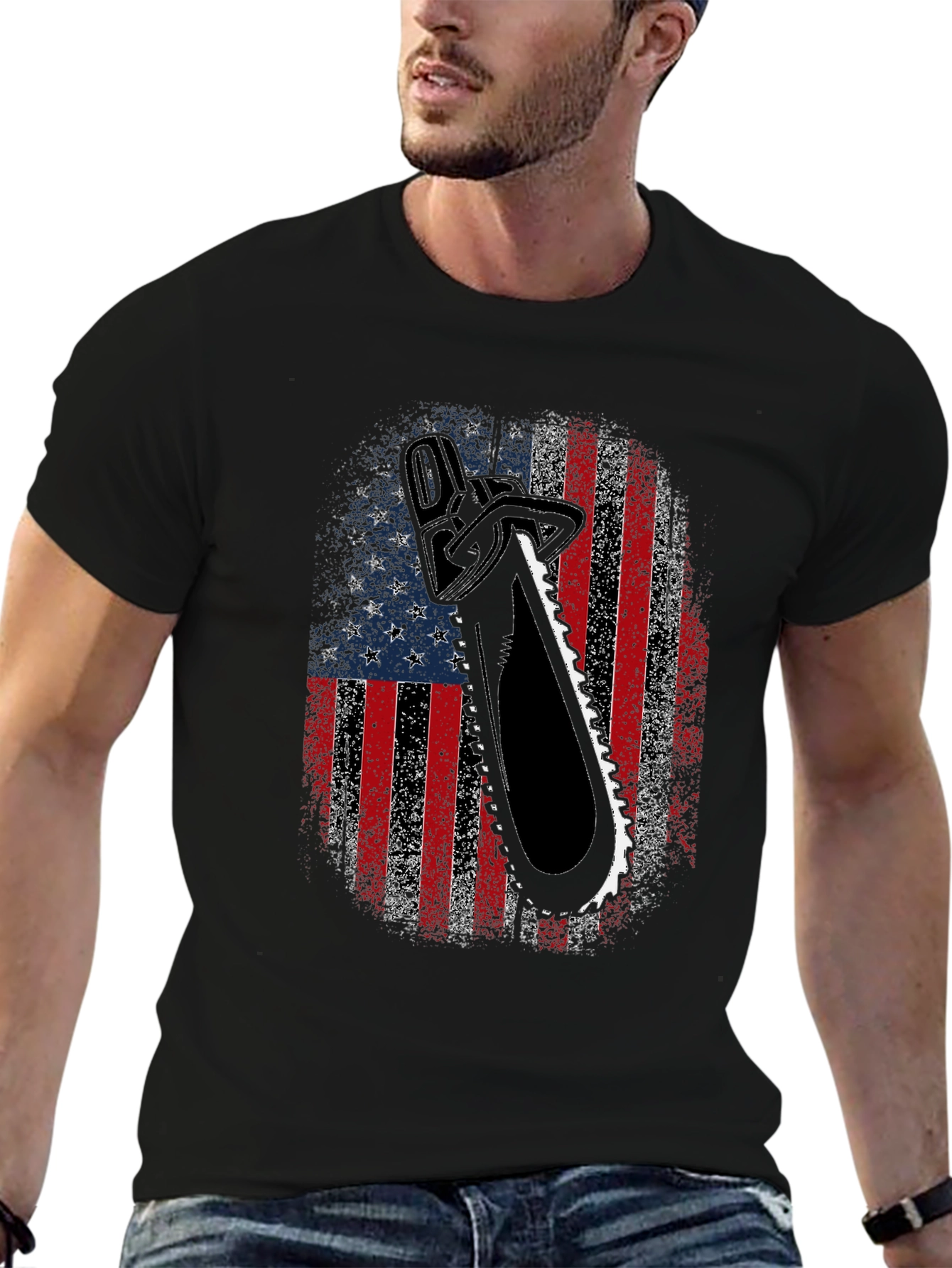 American Flag Chainsaw Graphic T-Shirt