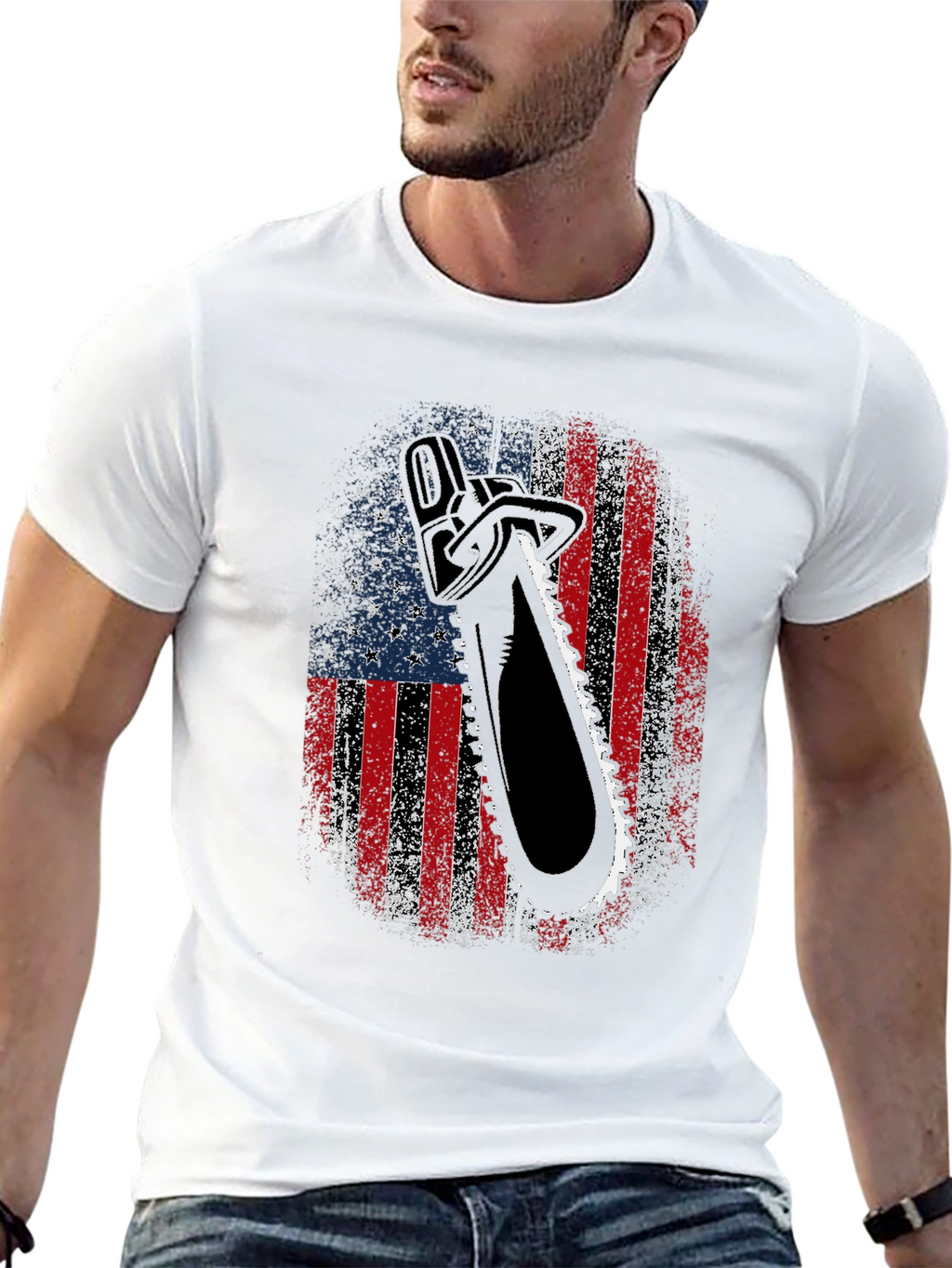 American Flag Chainsaw Graphic T-Shirt