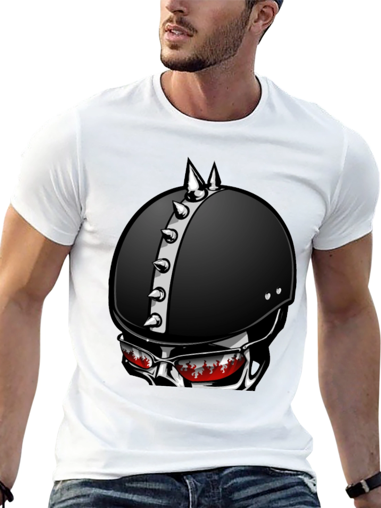 Edgy Helmet Skull Graphic Tee - Mens Black T-Shirt
