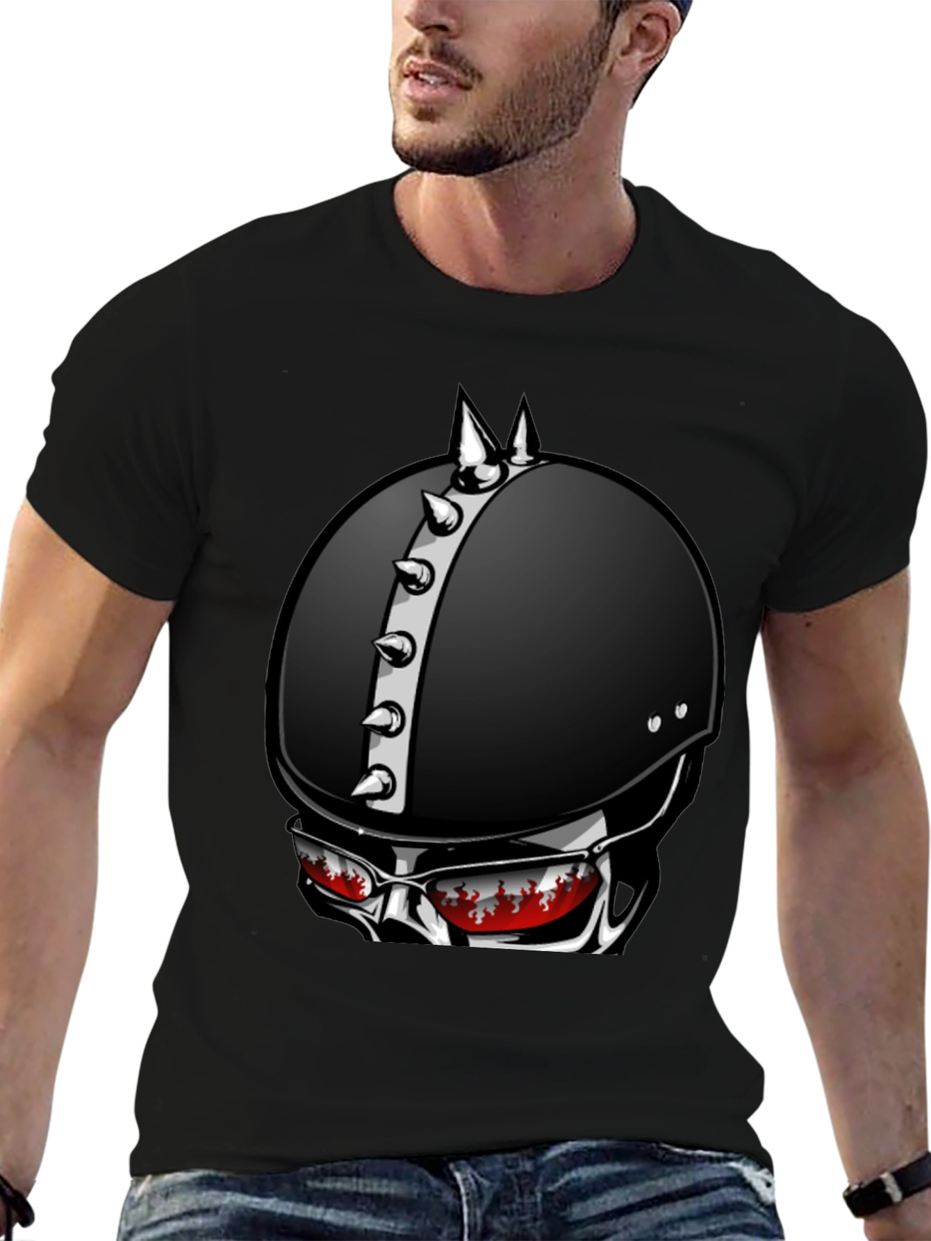 Edgy Helmet Skull Graphic Tee - Mens Black T-Shirt