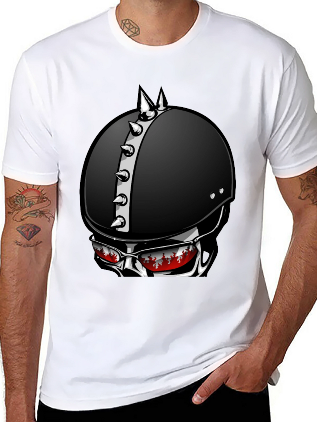 Edgy Helmet Skull Graphic Tee - Mens Black T-Shirt