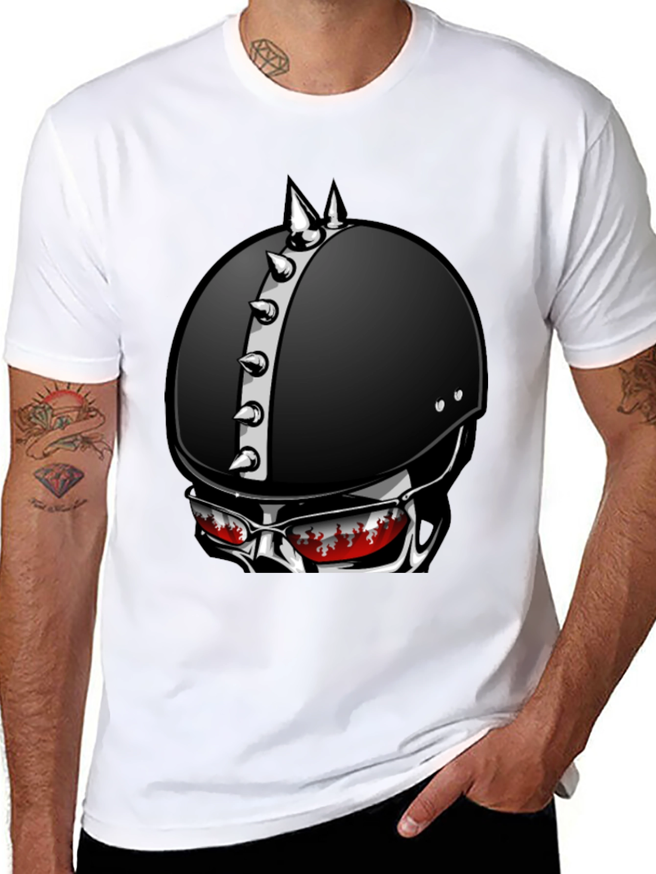 Edgy Helmet Skull Graphic Tee - Mens Black T-Shirt