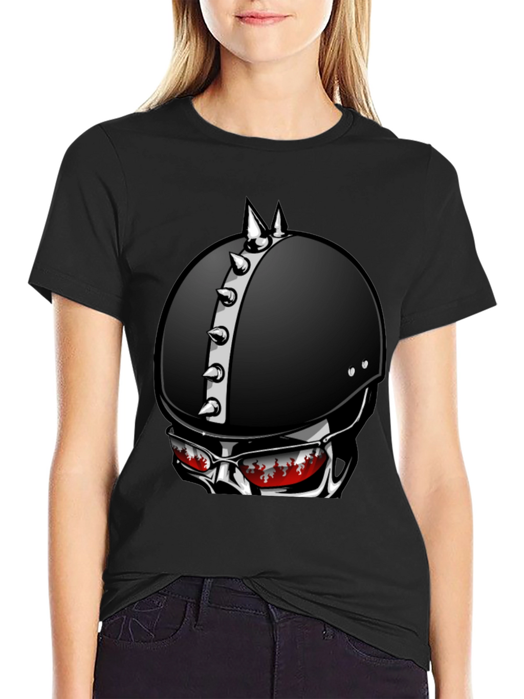 Edgy Helmet Skull Graphic Tee - Mens Black T-Shirt