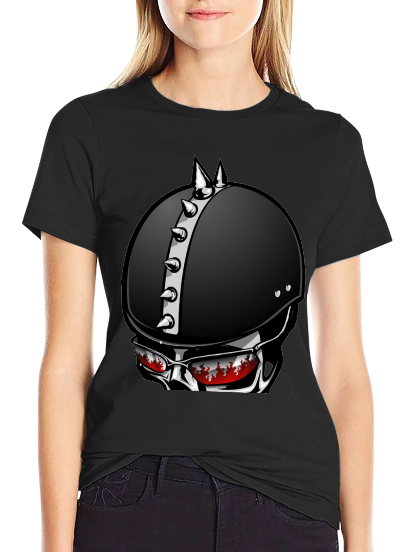 Edgy Helmet Skull Graphic Tee - Mens Black T-Shirt