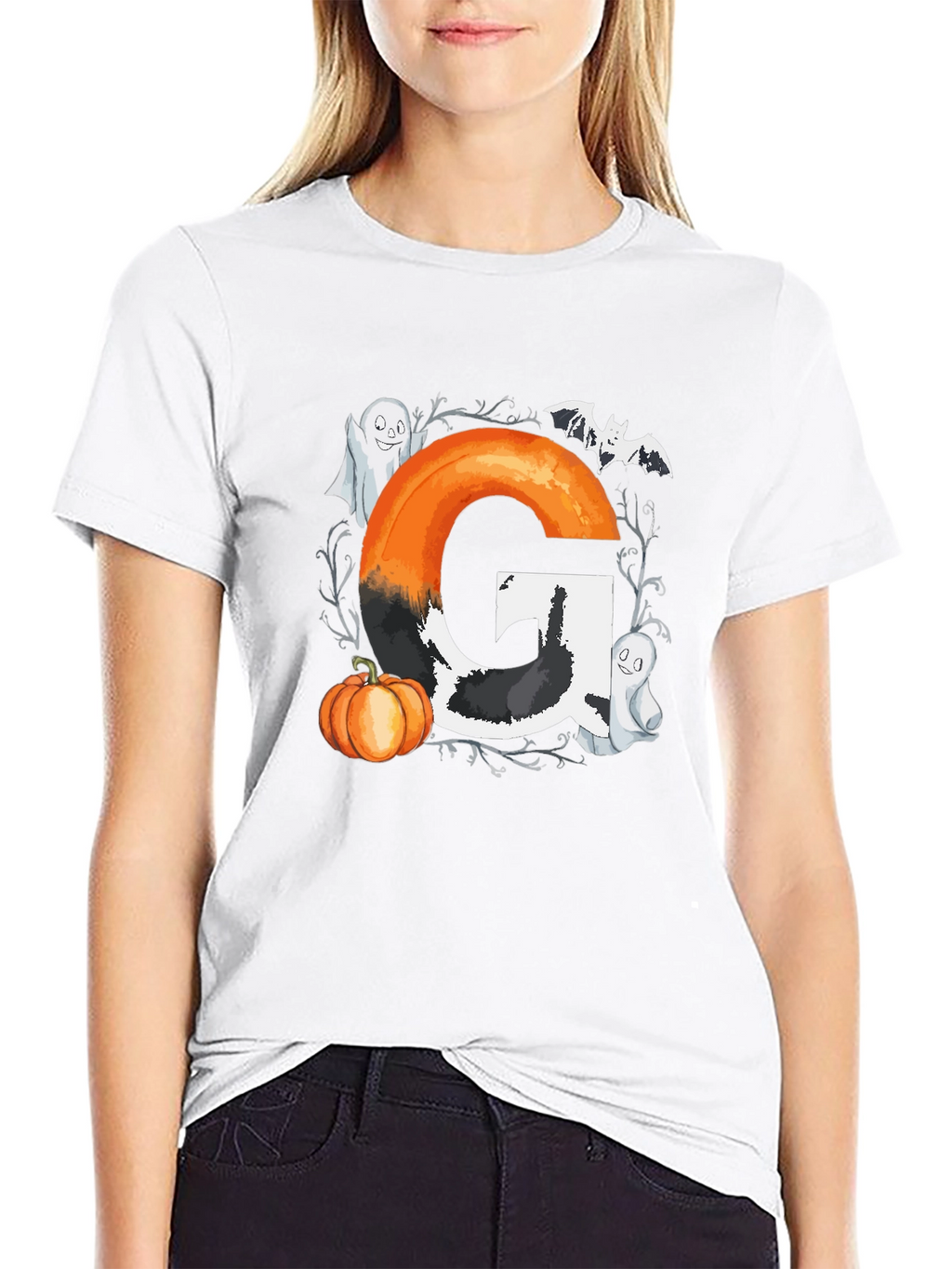 Halloween Letter G T-Shirt with Ghost and Pumpkin