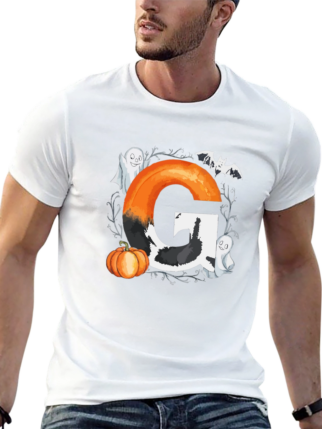 Halloween Letter G T-Shirt with Ghost and Pumpkin