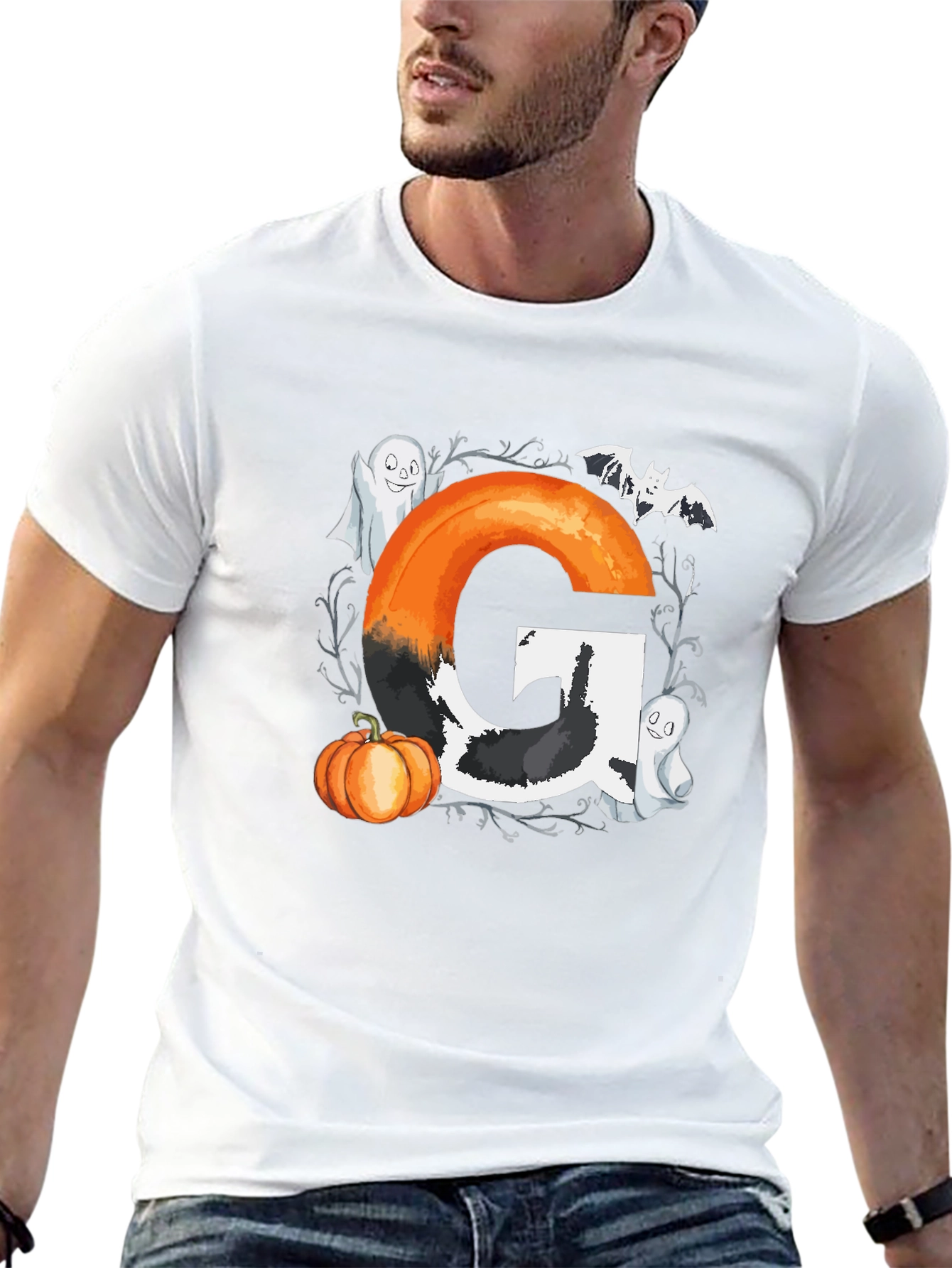 Halloween Letter G T-Shirt with Ghost and Pumpkin