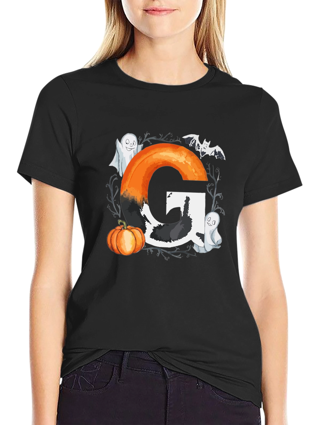 Halloween Letter G T-Shirt with Ghost and Pumpkin
