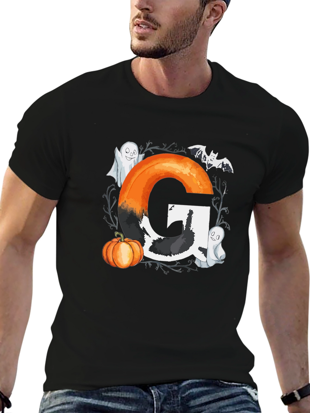 Halloween Letter G T-Shirt with Ghost and Pumpkin