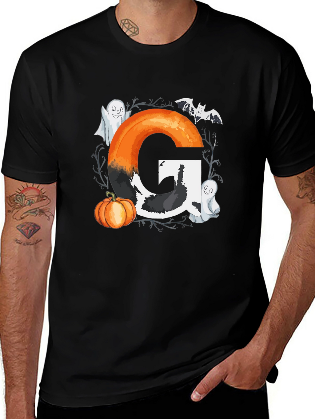 Halloween Letter G T-Shirt with Ghost and Pumpkin