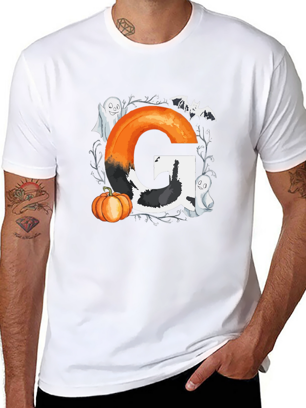 Halloween Letter G T-Shirt with Ghost and Pumpkin