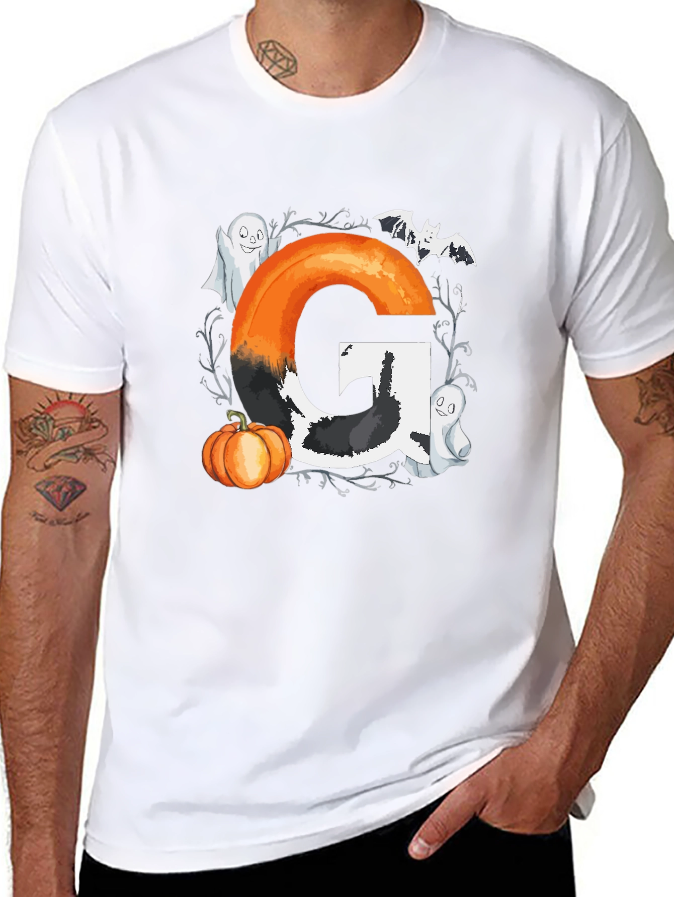 Halloween Letter G T-Shirt with Ghost and Pumpkin