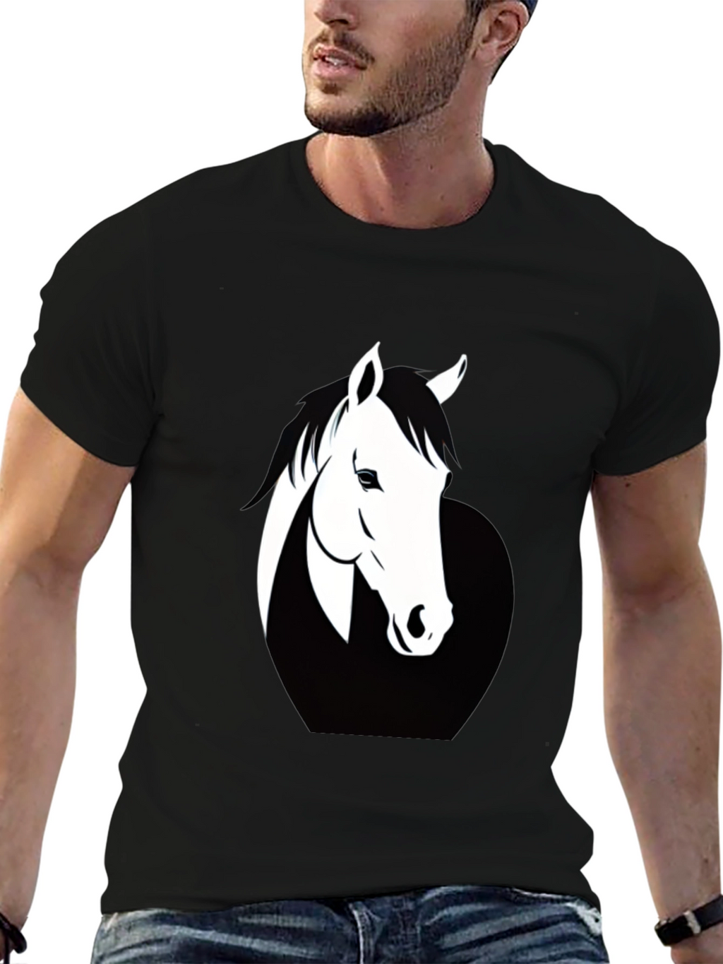 Mens Black T-Shirt with Horse Graphic