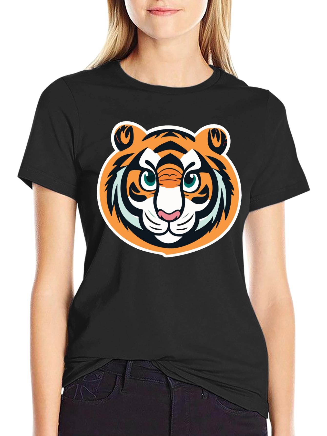 Tiger Face Graphic Tee - Black Cotton T-Shirt