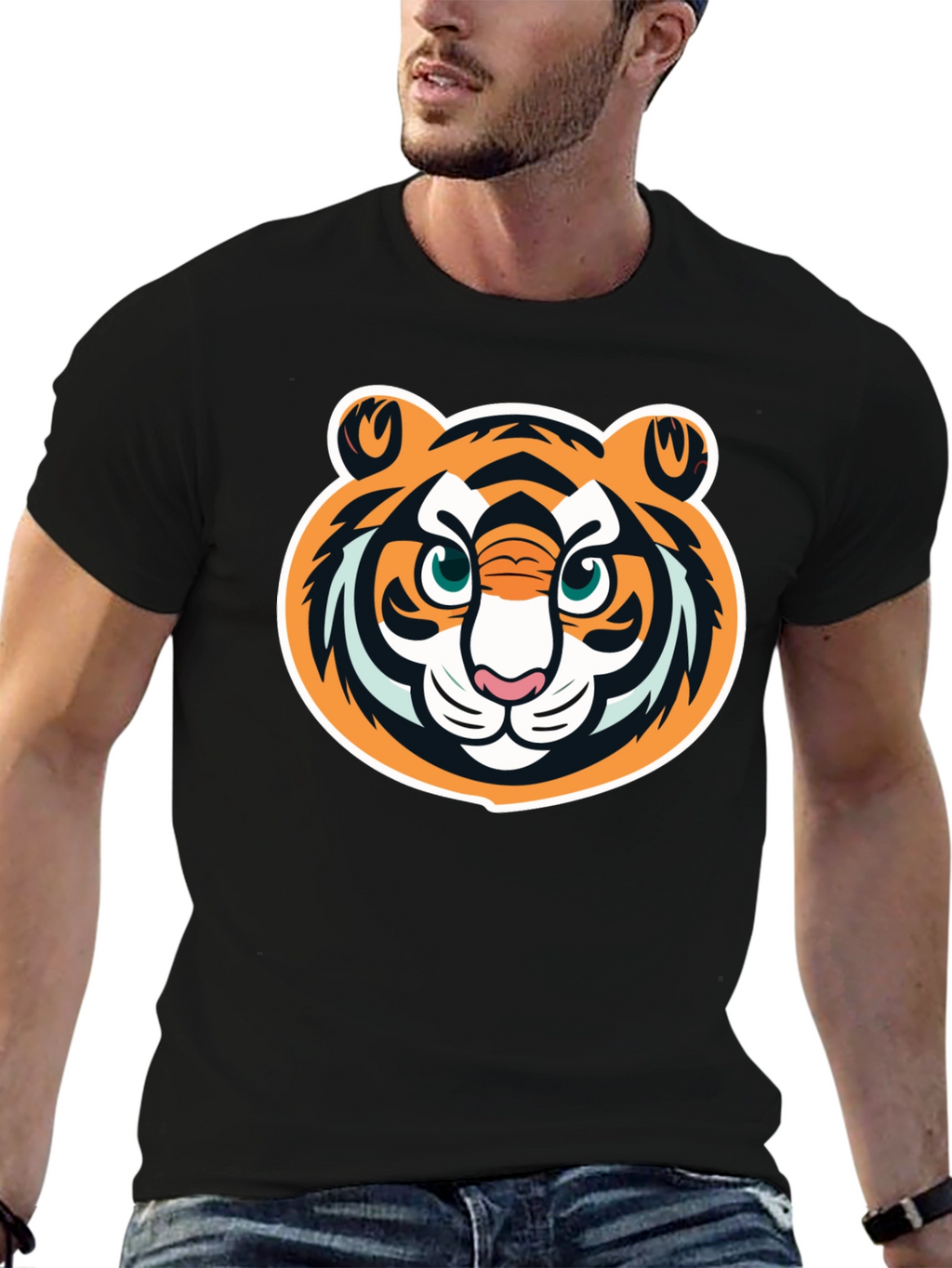 Tiger Face Graphic Tee - Black Cotton T-Shirt