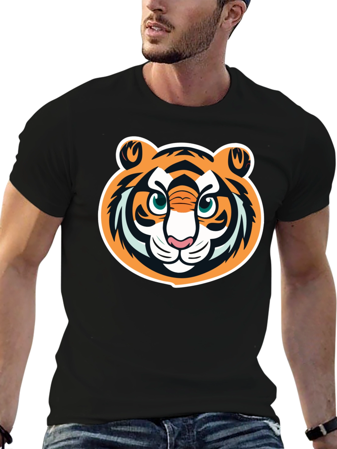 Tiger Face Graphic Tee - Black Cotton T-Shirt