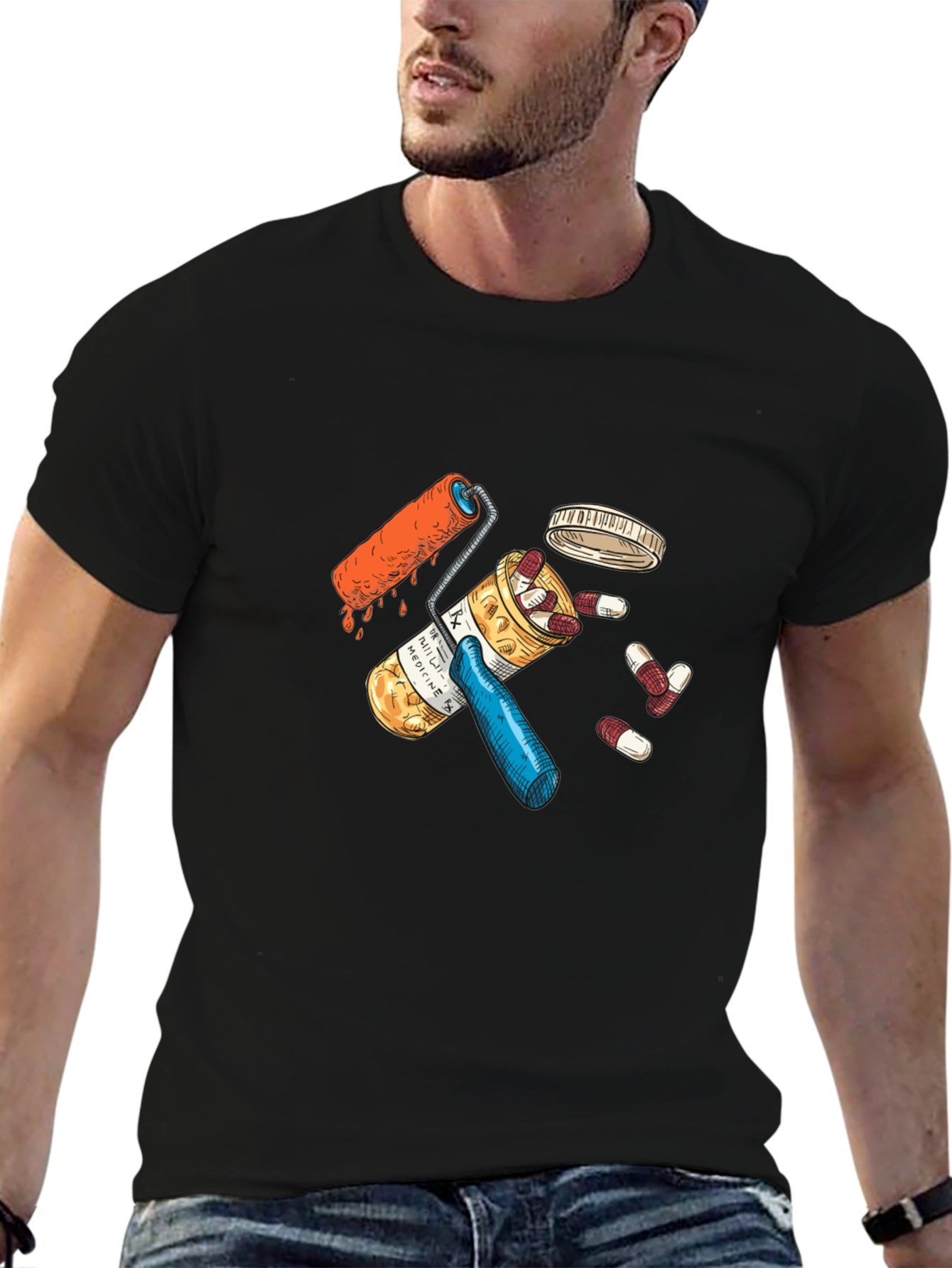 Pills and Roller Graphic Black T-Shirt
