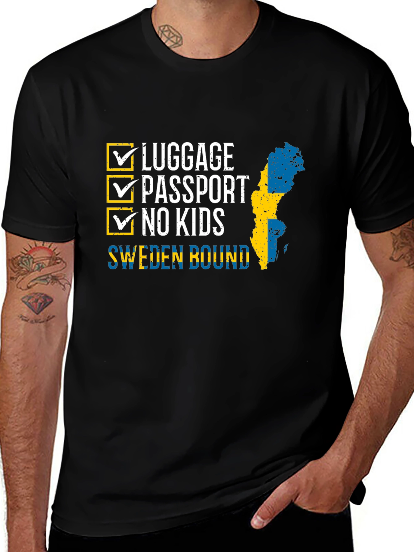 Sweden Bound T-Shirt: Luggage Passport No Kids - Travel Ready!