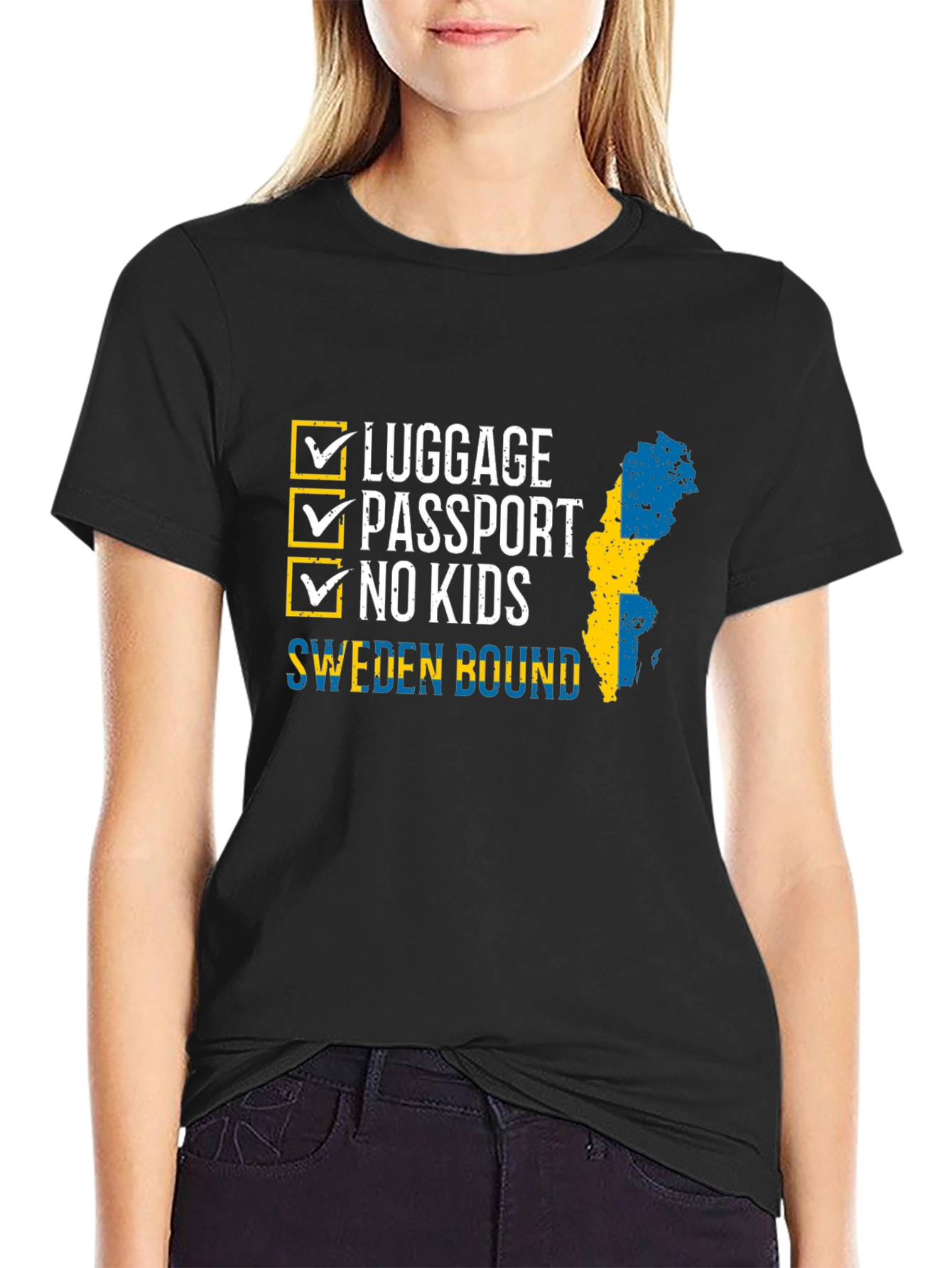 Sweden Bound T-Shirt: Luggage Passport No Kids - Travel Ready!