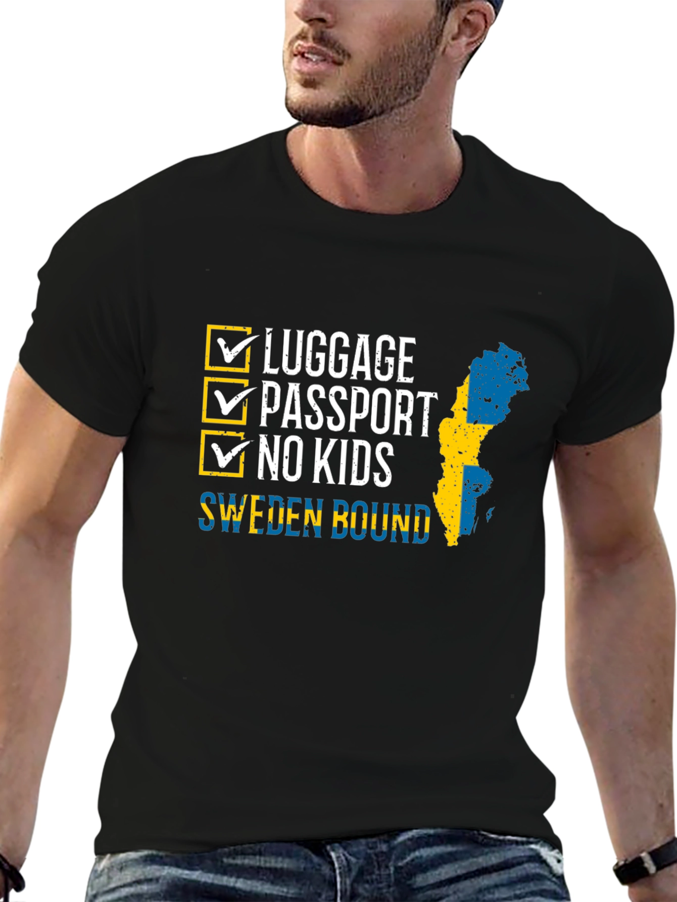 Sweden Bound T-Shirt: Luggage Passport No Kids - Travel Ready!