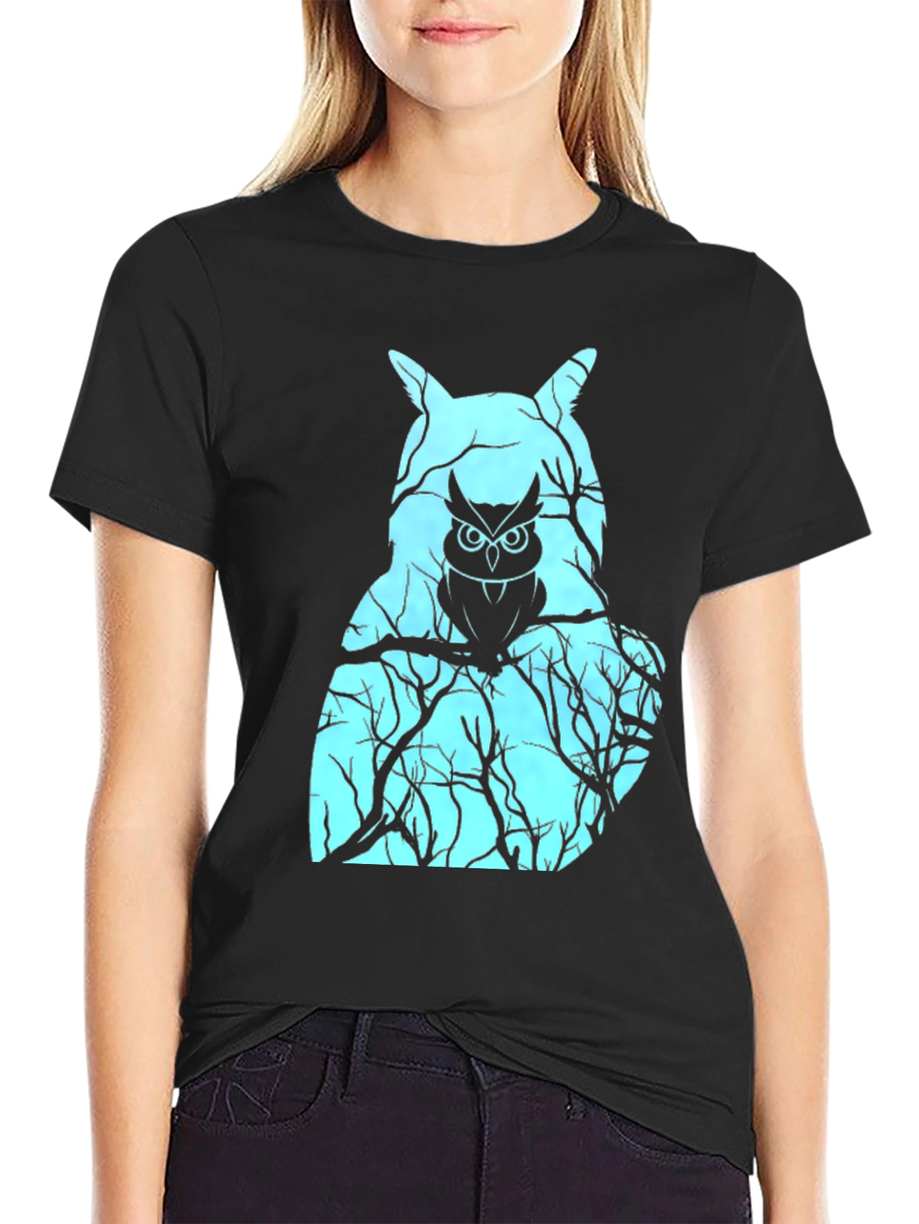 Mens Black T-Shirt with Owl Graphic Design