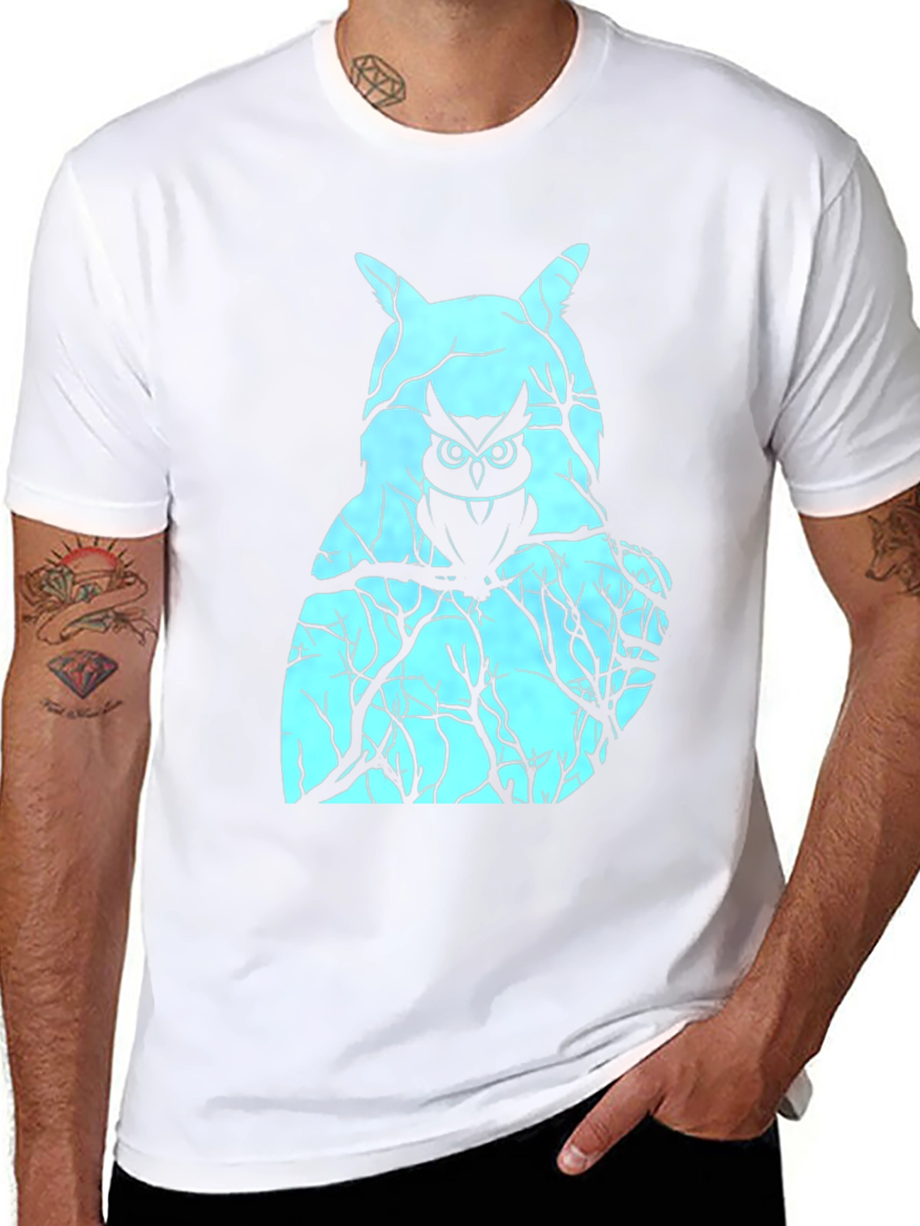 Mens Black T-Shirt with Owl Graphic Design