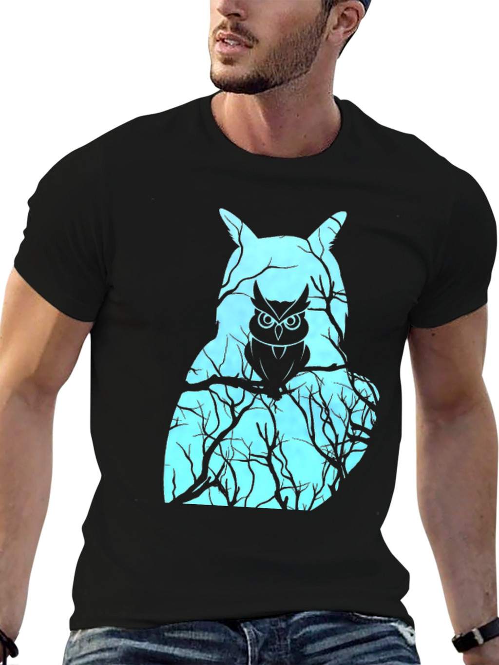 Mens Black T-Shirt with Owl Graphic Design