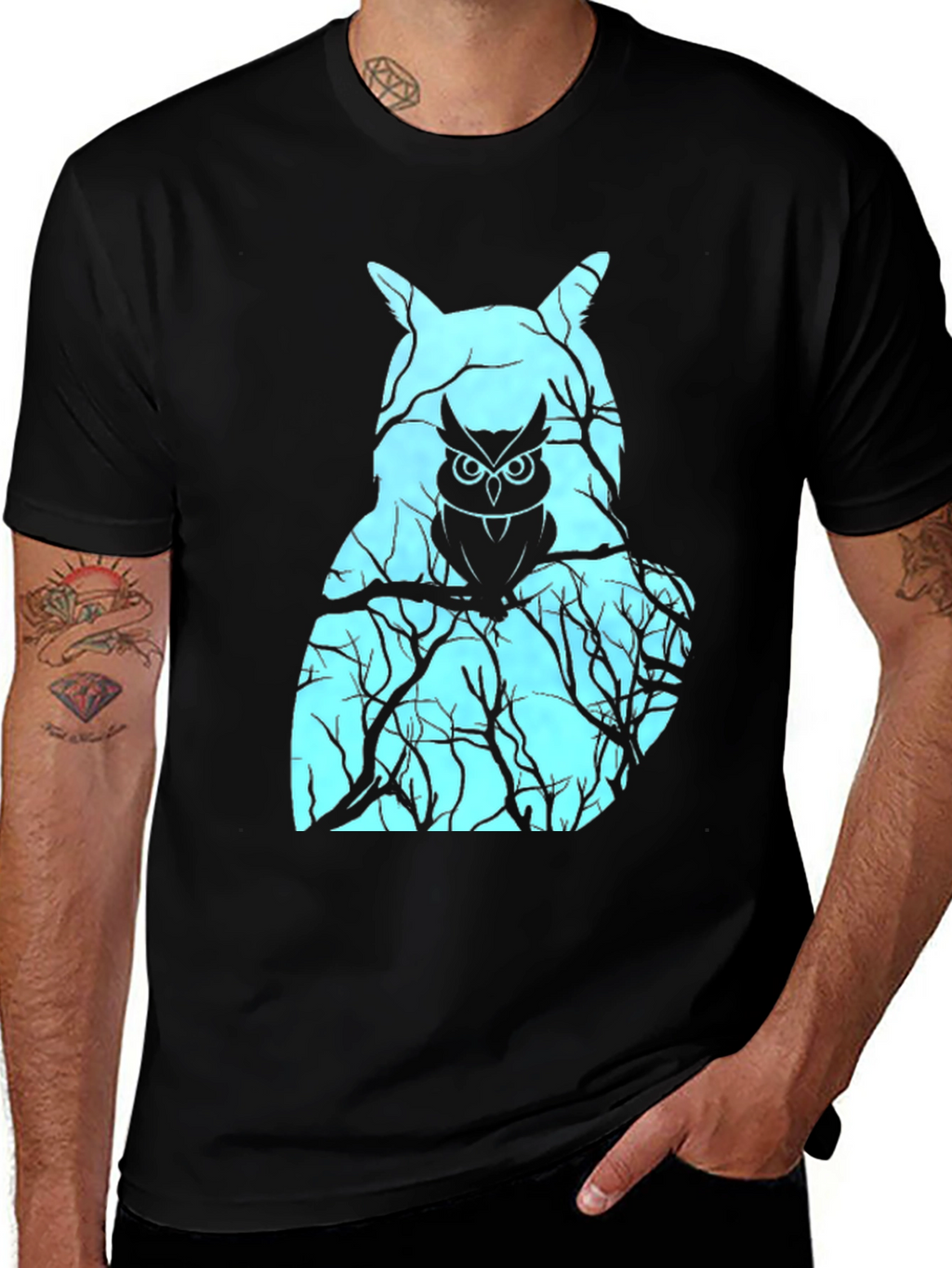 Mens Black T-Shirt with Owl Graphic Design