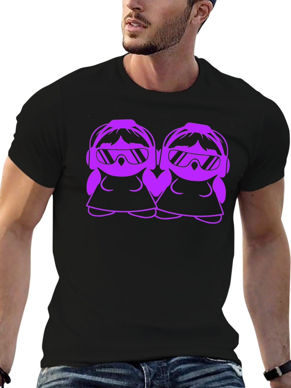 Cool Cartoon DJ Twin Girls Black T-Shirt