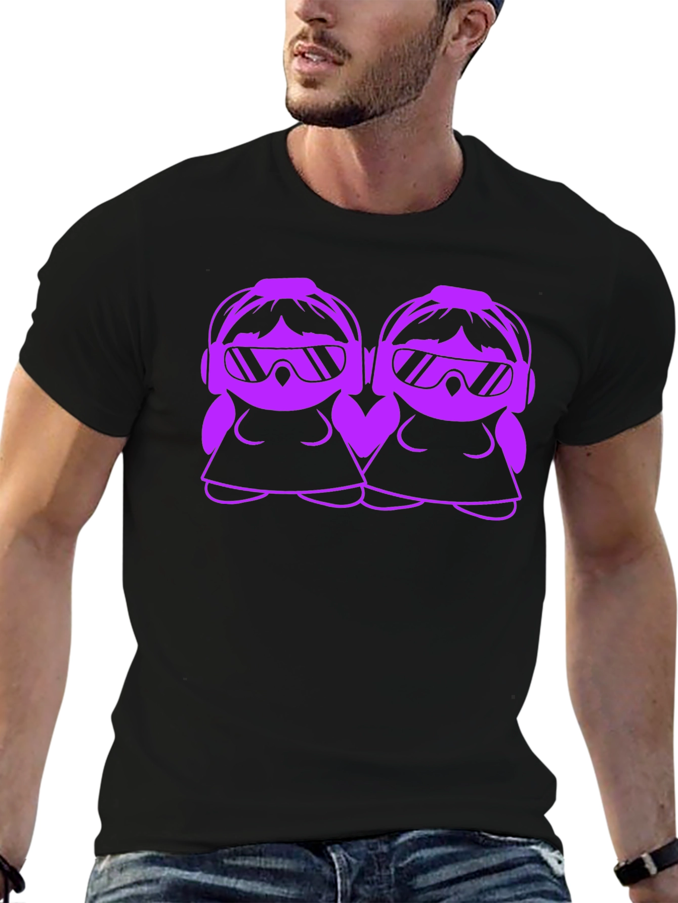 Cool Cartoon DJ Twin Girls Black T-Shirt