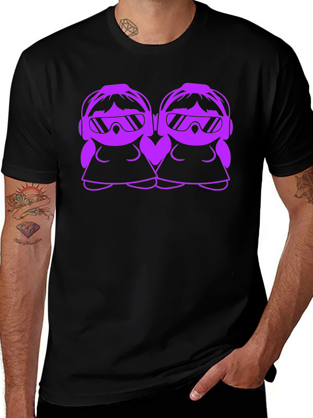 Cool Cartoon DJ Twin Girls Black T-Shirt