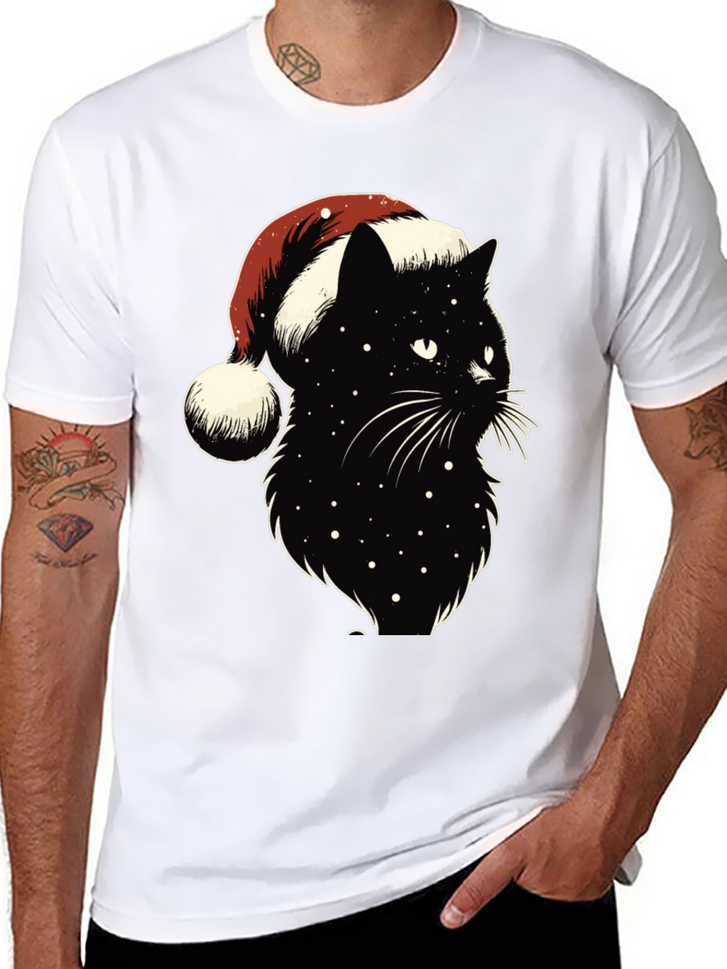 Festive Black Cat Tee: Santa Hat Edition