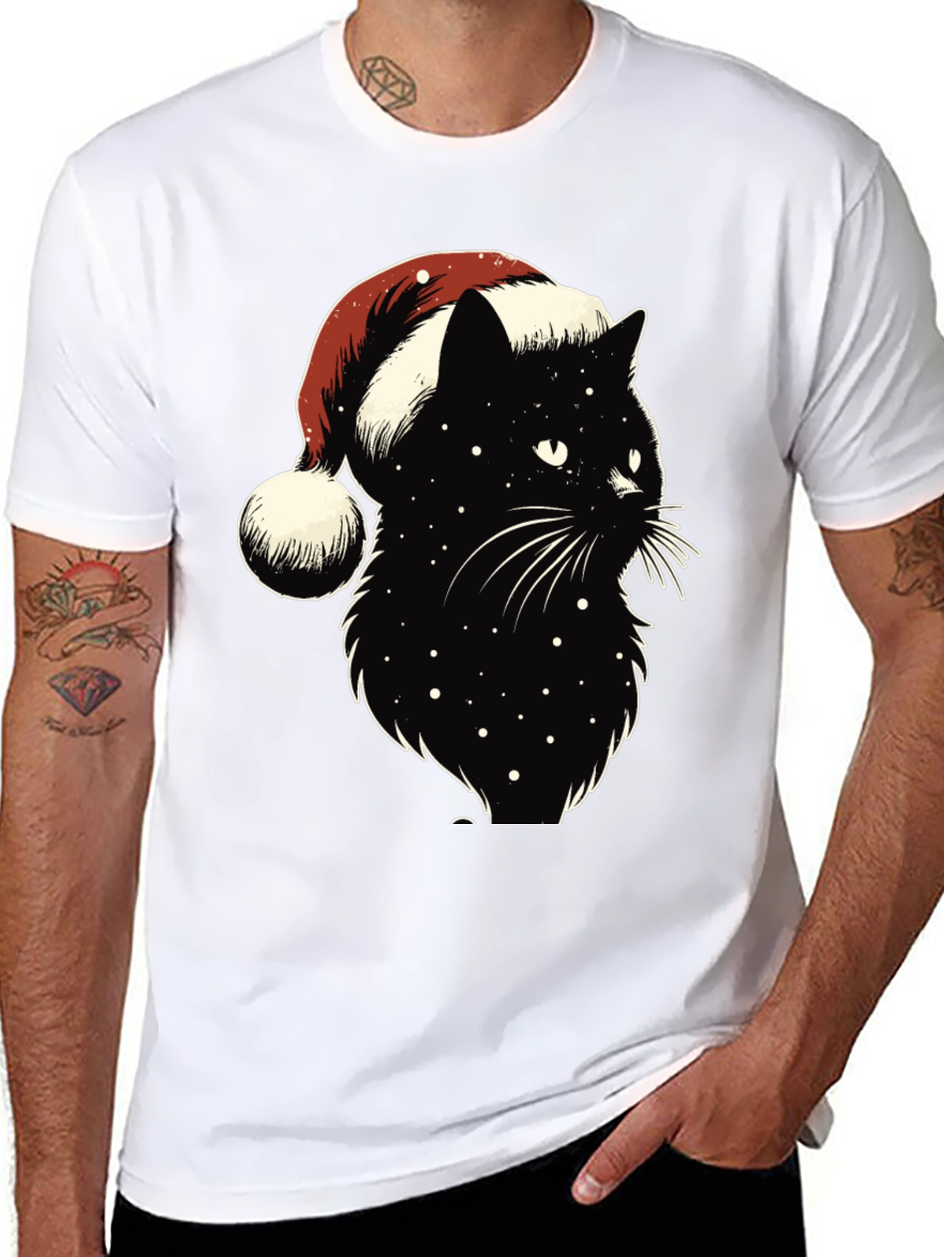 Festive Black Cat Tee: Santa Hat Edition