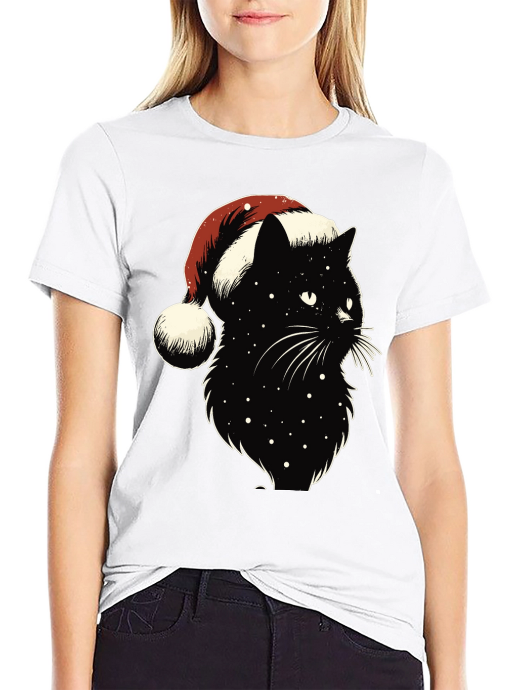 Festive Black Cat Tee: Santa Hat Edition