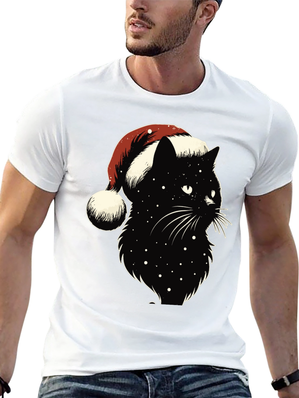 Festive Black Cat Tee: Santa Hat Edition