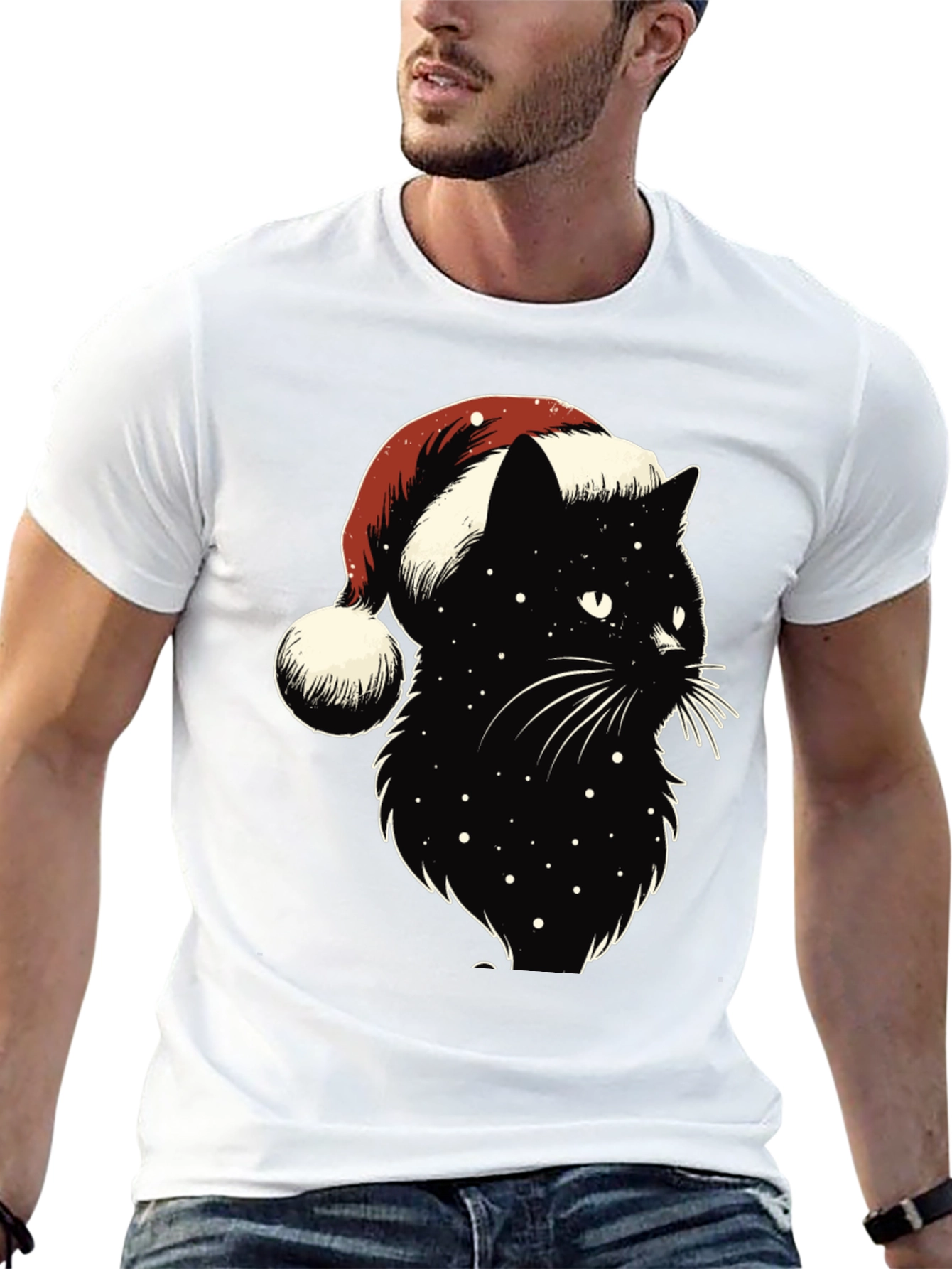 Festive Black Cat Tee: Santa Hat Edition