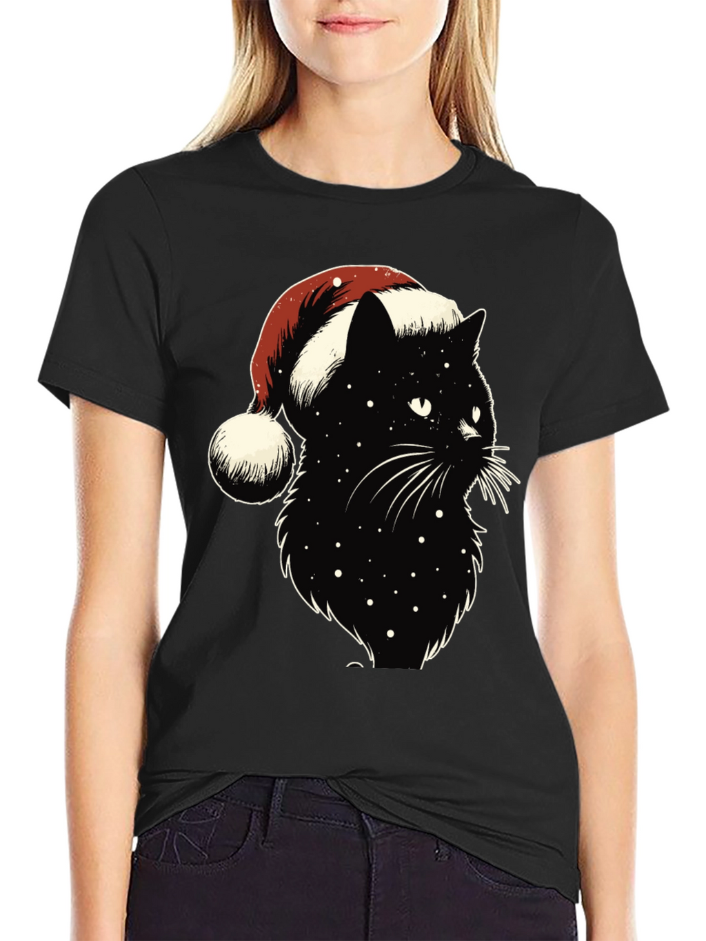 Festive Black Cat Tee: Santa Hat Edition