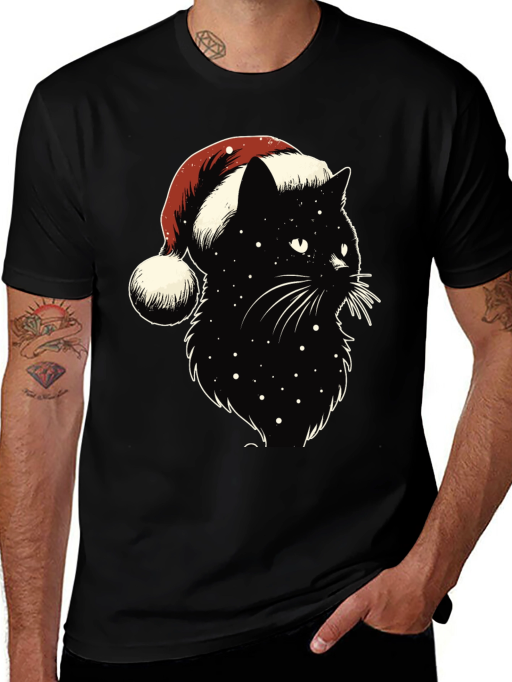 Festive Black Cat Tee: Santa Hat Edition
