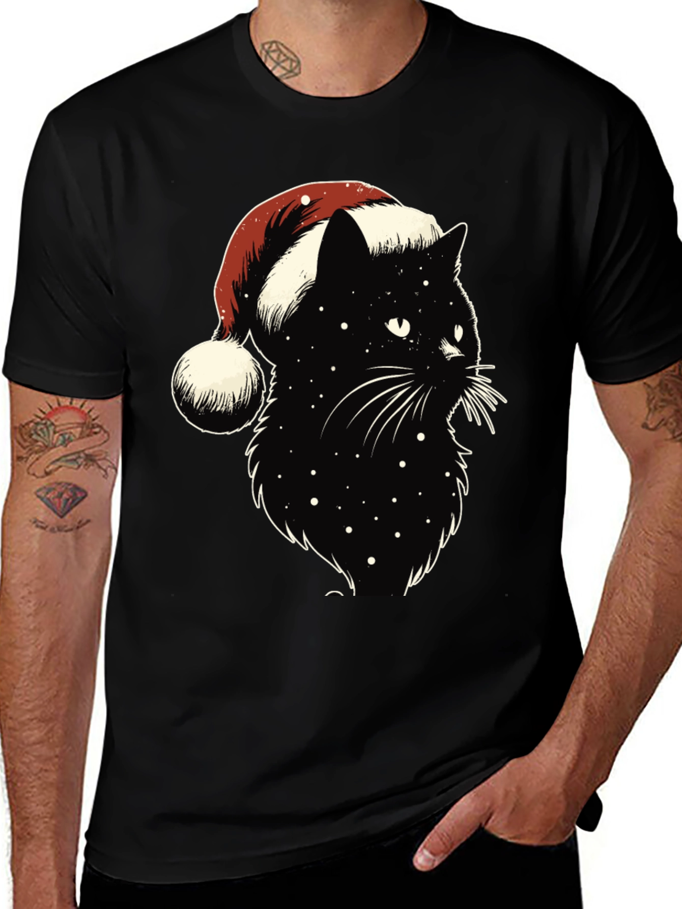 Festive Black Cat Tee: Santa Hat Edition