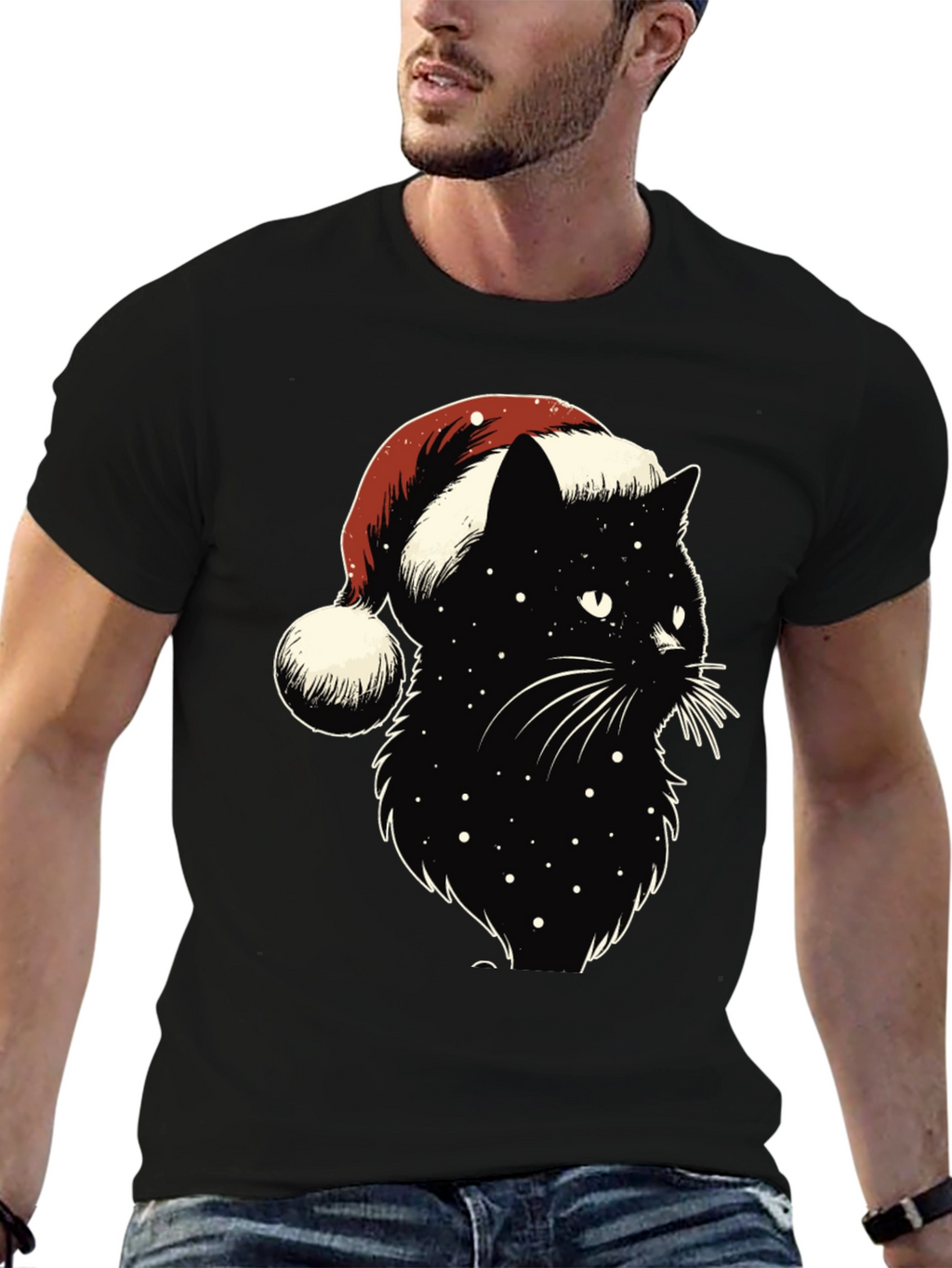 Festive Black Cat Tee: Santa Hat Edition