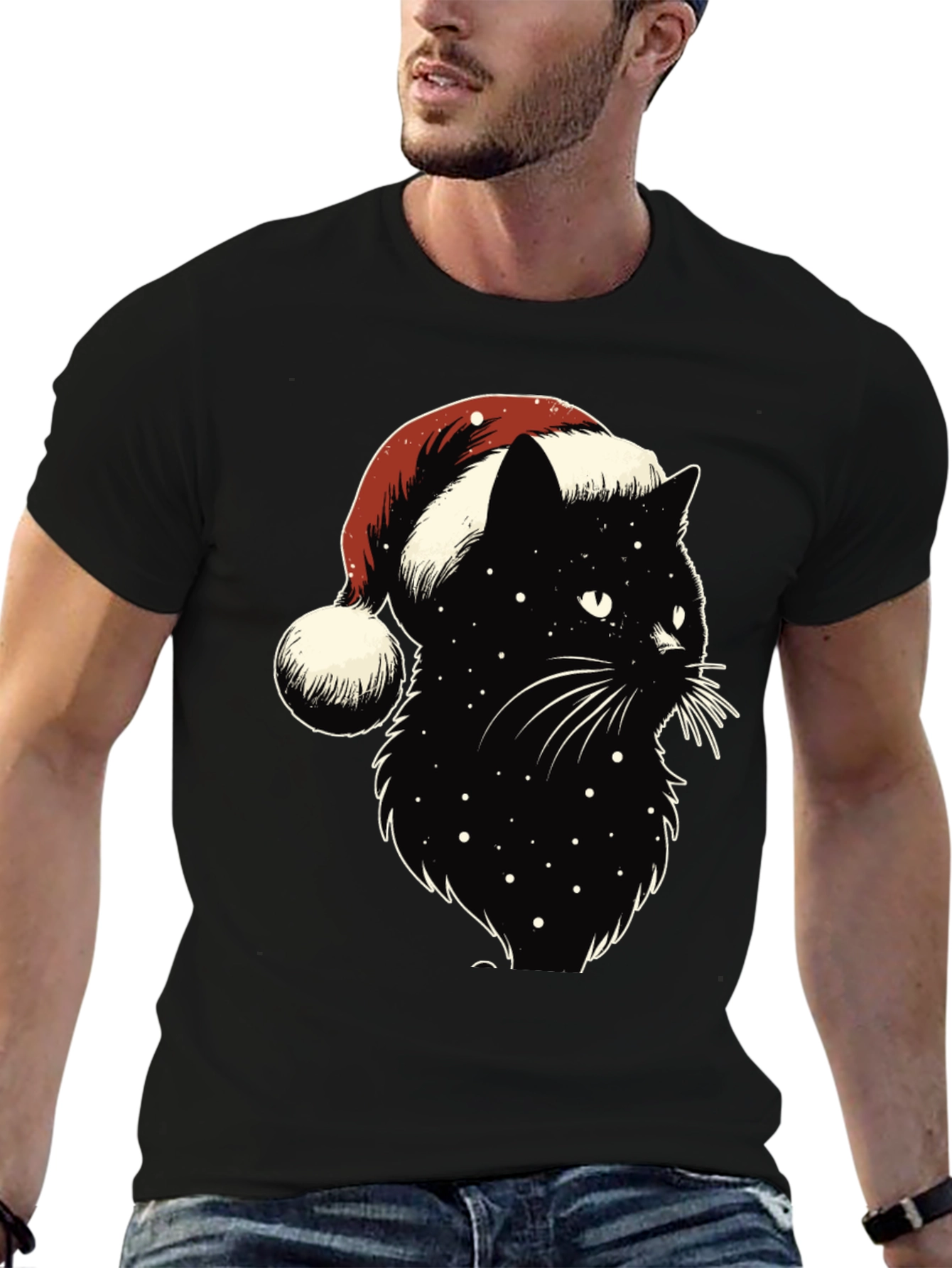 Festive Black Cat Tee: Santa Hat Edition