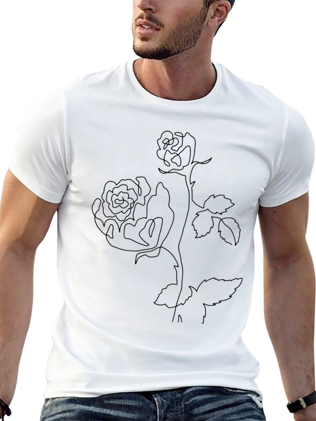 Line Art Rose Black T-Shirt