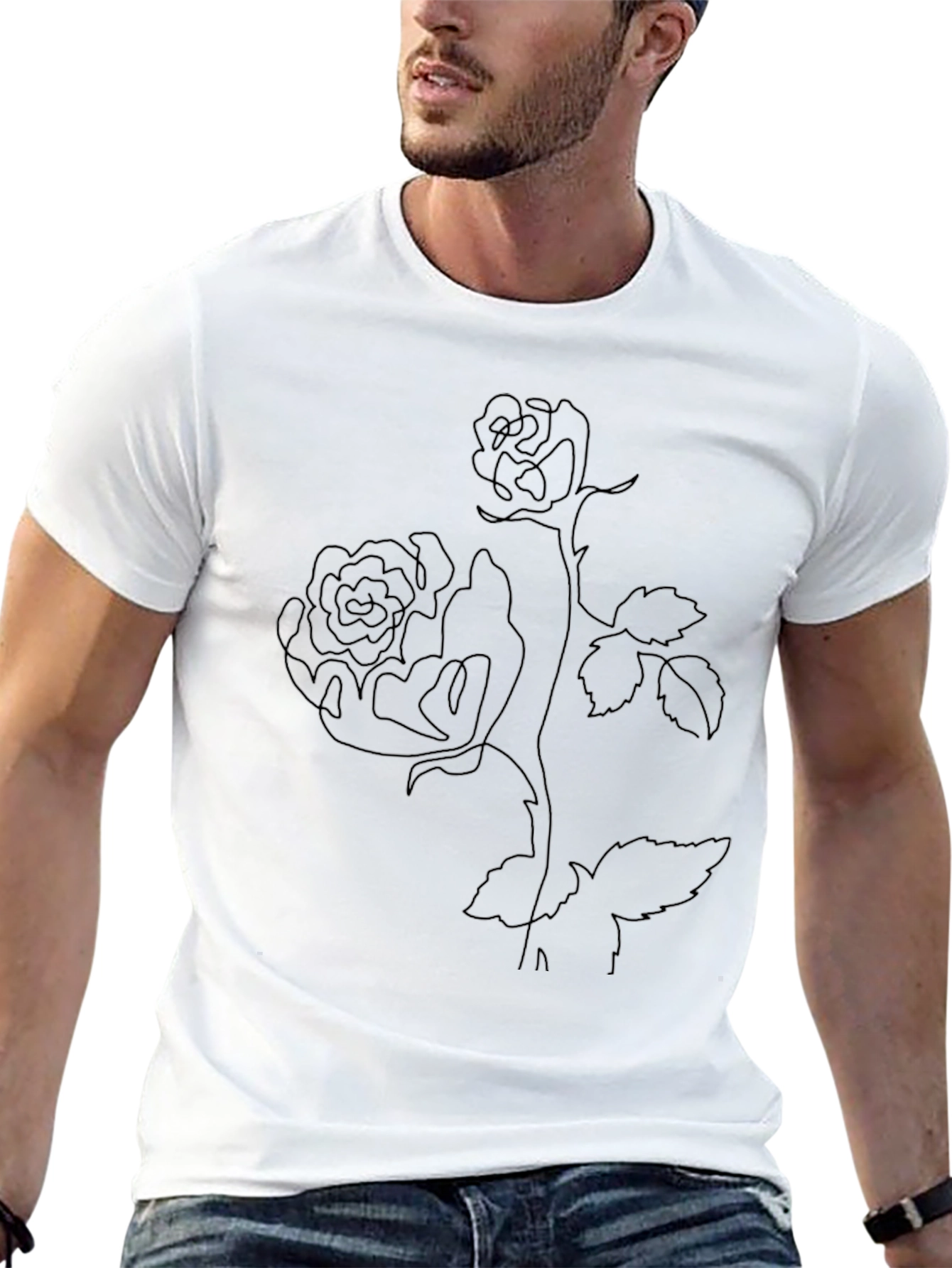 Line Art Rose Black T-Shirt